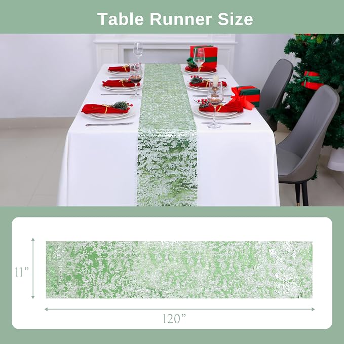 Snowkingdom Sage Green Table Runner, Sequin Glitter Foil Metallic Sage Green - Image 5