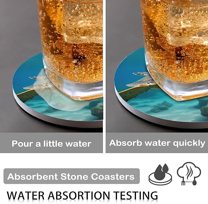 Drink Coasters for Drinks Set of 6, Sea Turtles Absorbent Round Ceramic Stone - Image 3