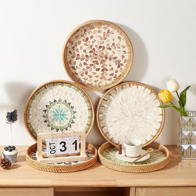 Kmelep Round Rattan Tray with Mother of Pearl Inlay, Rattan Serving Tray with - Image 4