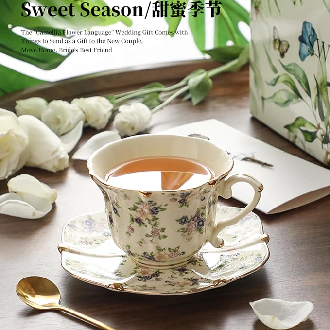 TATSUMI Country Roses Bone China Tea Cup and Saucer Set, 3 Pieces, Vintage Style - Image 5
