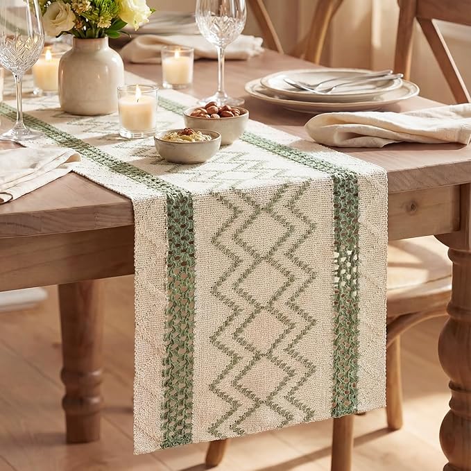 Artoid Mode Sage Green Stripe Diamond Woven Table Runner 12x108 Inch | Holiday by ArtoidMode