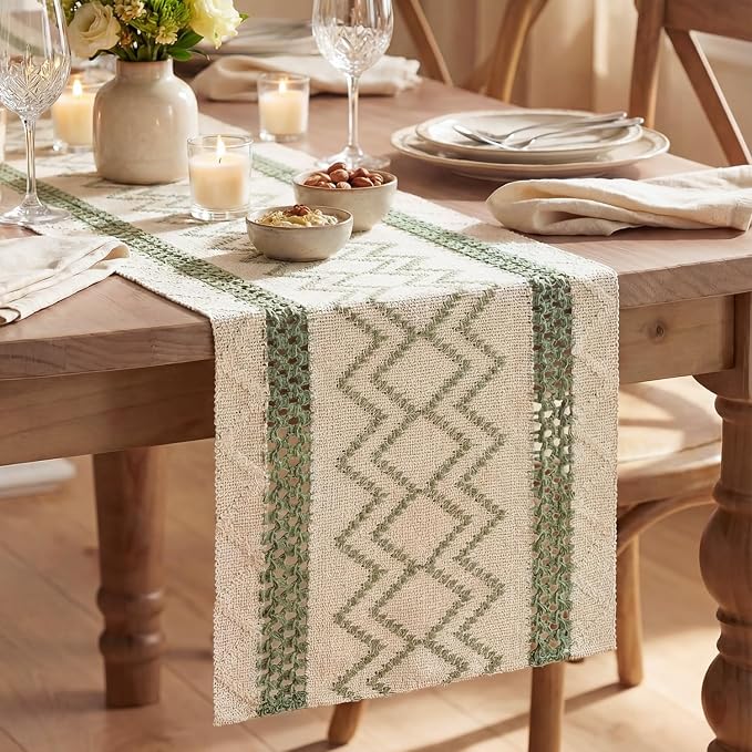Artoid Mode Sage Green Stripe Diamond Woven Table Runner 12x72 Inch | Holiday by ArtoidMode