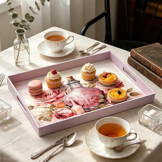Serving Tray with Handles, 15.7 * 11.8 inches, Plastic Ottoman Tray with - Image 2