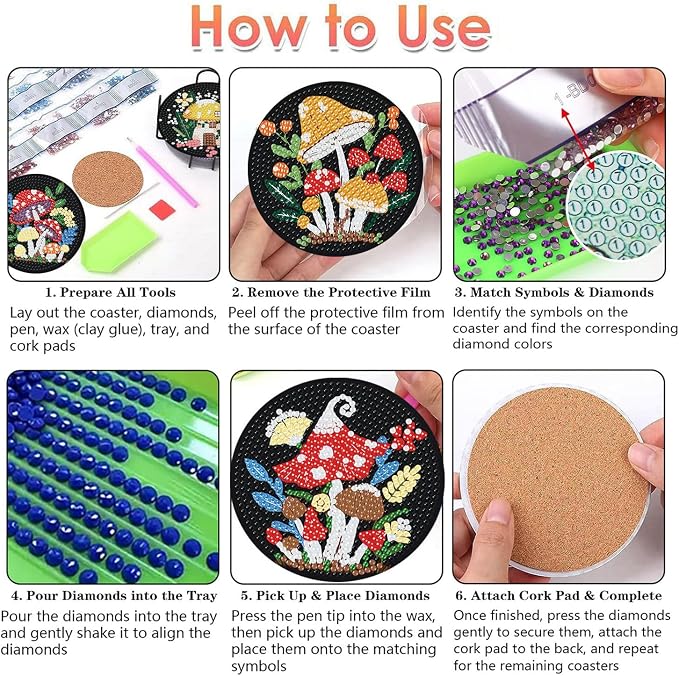 8 PCS Mushrooms Diamond Art Coasters Kits Cute Diamond Painting Coaster | - Image 6
