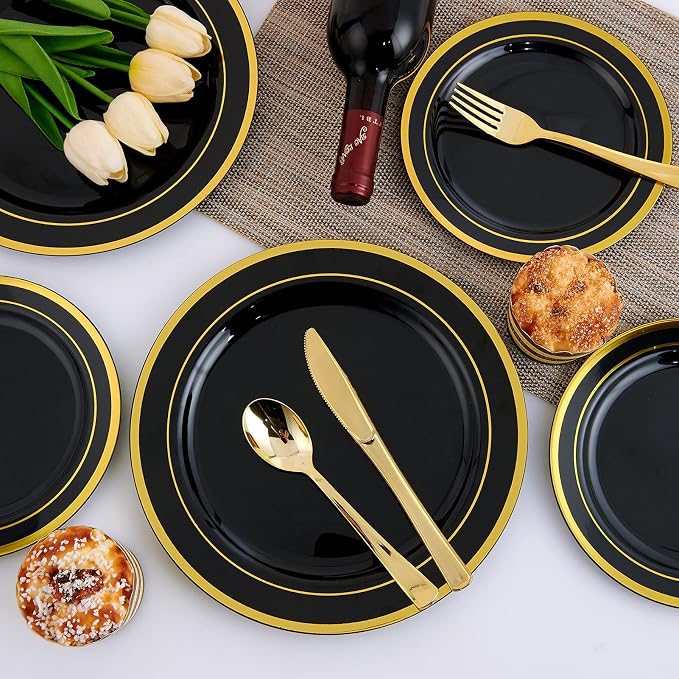 25 Guests Plastic Plates Set Gold Disposable Dinnerware Set | Include 25 Pc 10" - Image 5