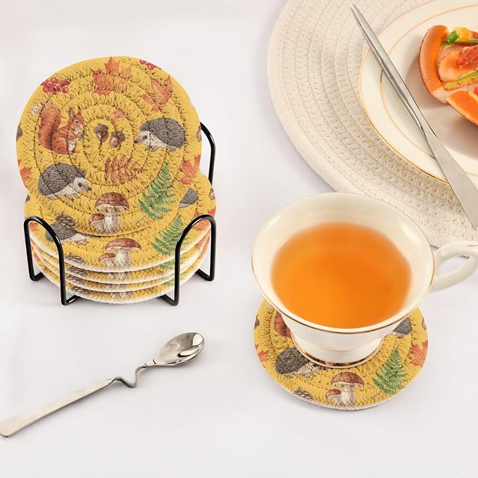 Fall Squirrel Acorn Yellow Pattern Coasters - Image 5