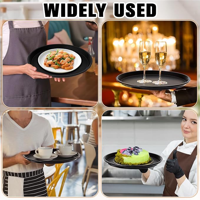 Zopeal 4 Pieces 11" Black Round Restaurant Serving Tray, Plastic Non Slip - Image 5