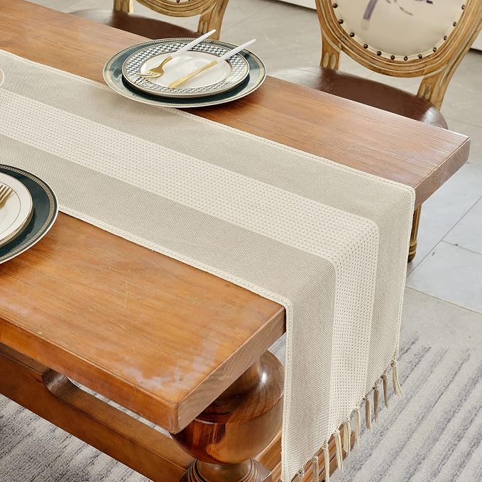 Wracra Linen Table Runner, Stripe Table Runners 90 Inches Long Light Coffee | - Image 6