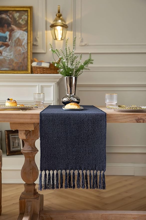 Navy Table Runners 48 Inches Long, Burlap Linen Style Rustic Farmhouse Table - Image 2