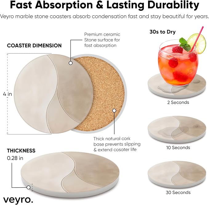 VEYRO Ceramic Coasters Set of 4 – Absorbent Stone Drink Coasters - Image 5