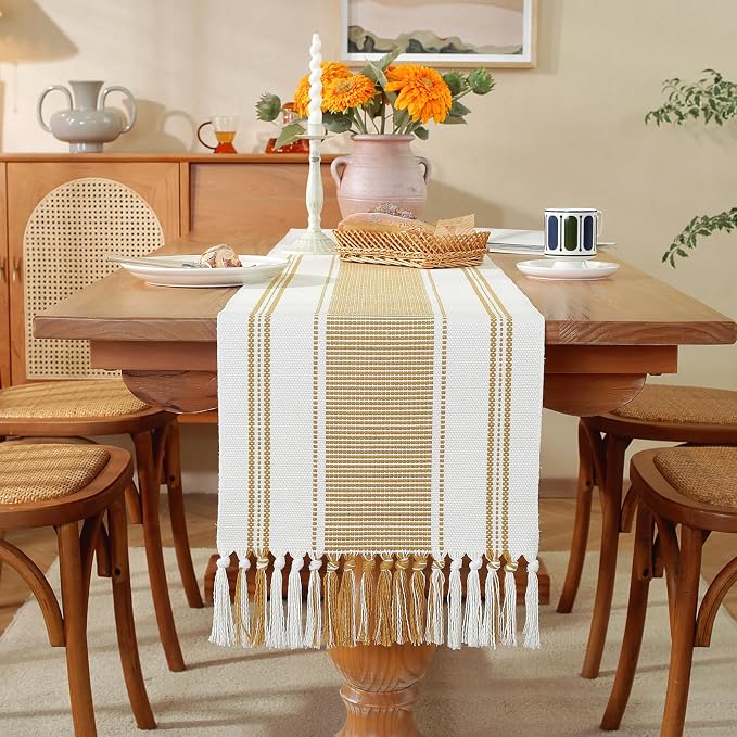 Gold Table Runner with Tassels, 90 Inches Long Farmhouse Macrame Cotton Linen - Image 2