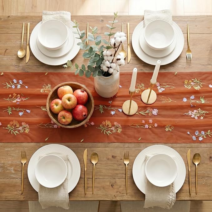 Artoid Mode Wildflower Floral Caramel Gauze Embroidery Table Runner 120 Inch - Image 5