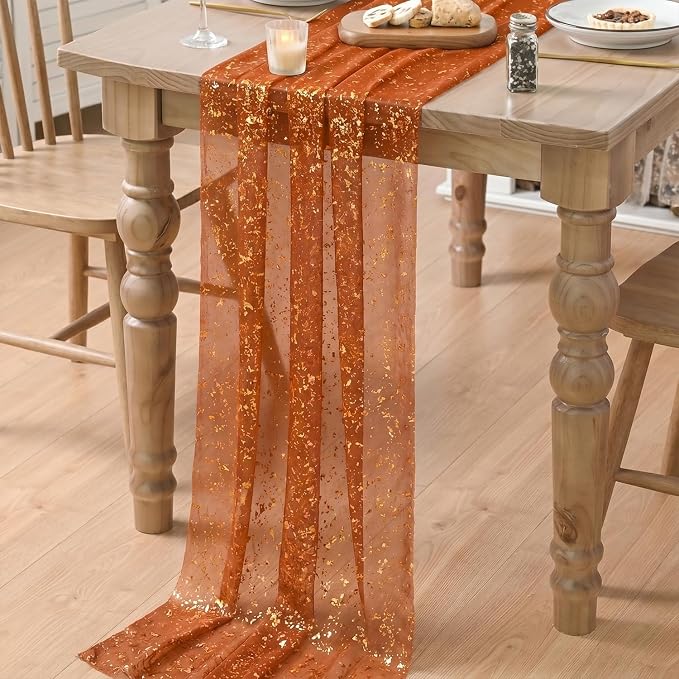 Artoid Mode 6PCS Caramel Gauze Gold Table Runner 120 Inch 10FT, Glitter - Image 6