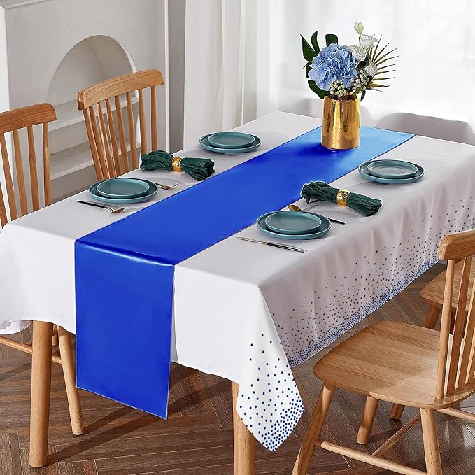 16Pack Disposable Plastic Tablecloths and Satin Table Runner Set White and Blue - Image 4