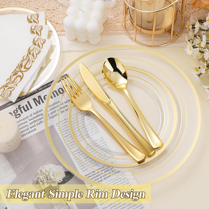BESTSTAR 200PCS Clear Gold Plastic Plates Set | 100 10.25 inch Dinner Plates - Image 5