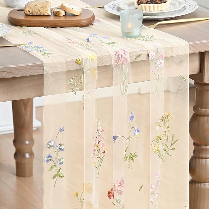 Artoid Mode 6PC Wildflower Floral Beige Apricot Gauze Embroidery Table Runner by ArtoidMode