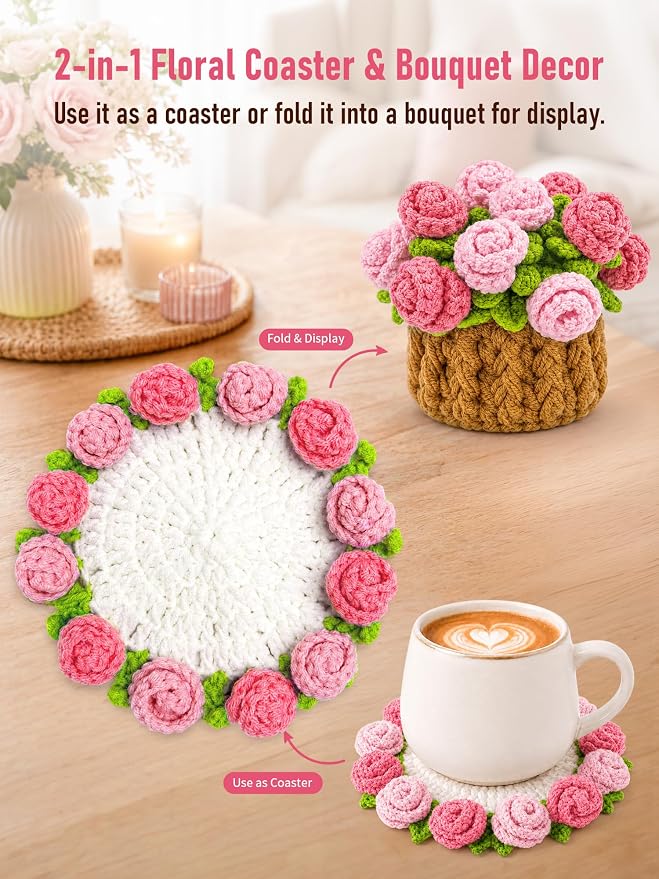 Crochet Flower Bouquet Coasters, Cotton Rose Gifts - Image 6
