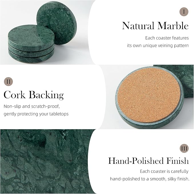 Natural Marble Coaster Set of 4.Round Drinks Coasters, Non-Ceramic/Non-Resin | - Image 3