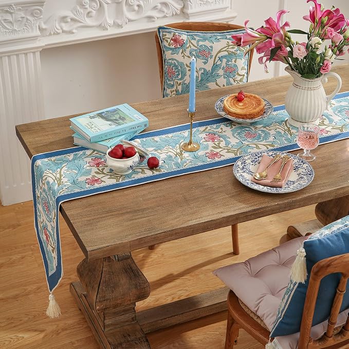 Patdrea Designer Vintage French Linen Table Runner, Elegant Blue Floral Pattern - Image 3