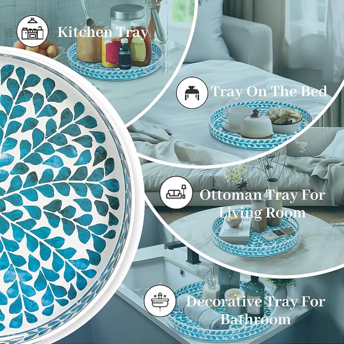 Plastic Serving Tray with Handles, CircleOttoman Tray, Sticker Tray with Leaf - Image 7