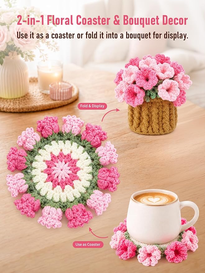 Crochet Flower Bouquet Coasters, Cotton Tulip Gift - Image 6