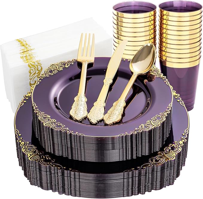 Nervure 175Pcs Clear Purple Plastic Plates, Dinnerware Set by Nervure