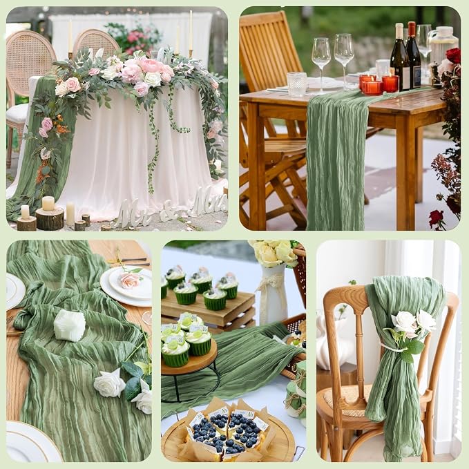 Cheesecloth Table Runner 10FT 12Pcs Sage Green Boho Gauze Sheer Runners | - Image 8
