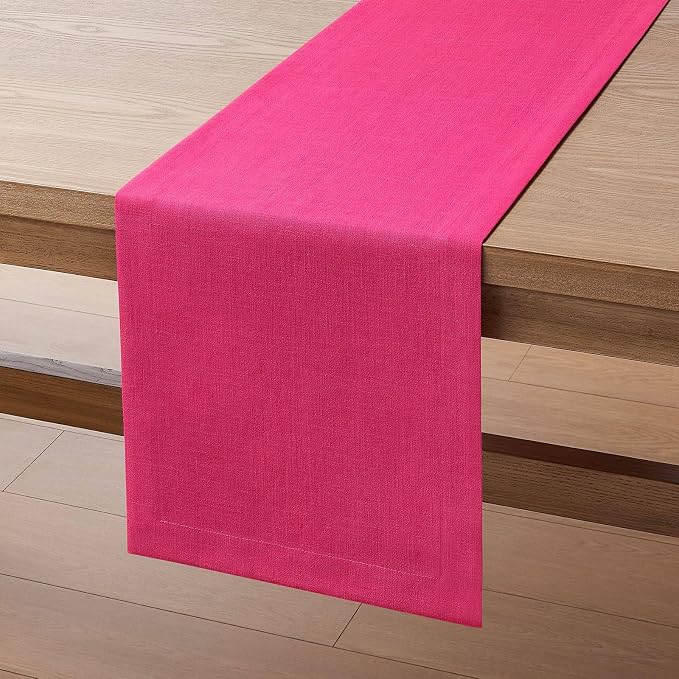 Linen Textured Border Table Runner, 14 x 90 Inch Hot Pink | Mitered Corner - Image 7