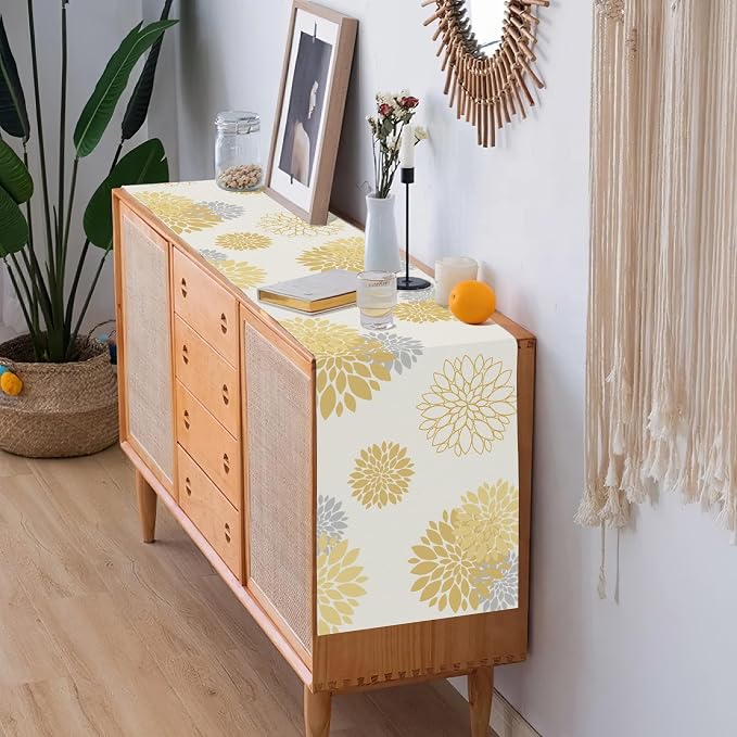 Yellow Gray Table Runner Dahlia Pinnata Flower Beige Table Runners Modern - Image 6