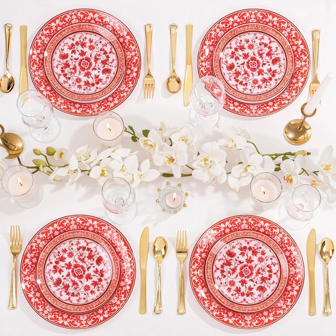 Red Plastic Plates, Fancy Disposable Pates, 10.25" dinner & 7.5" dessert plates - Image 7