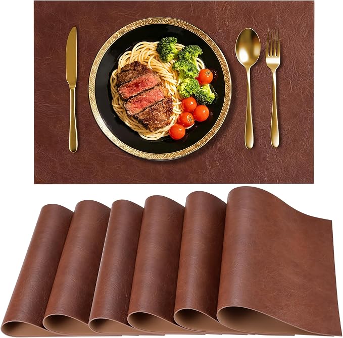 Faux Leather Placemats for Dining Table Set of 6, Edge-Sealed PU Leather Table by Vinjiasin