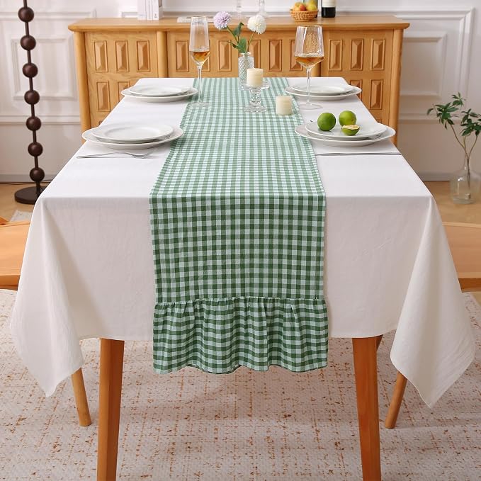 Christmas Green White Plaid Gingham Ruffle Table Runner 90 inches Long 100% by KMASANIJI