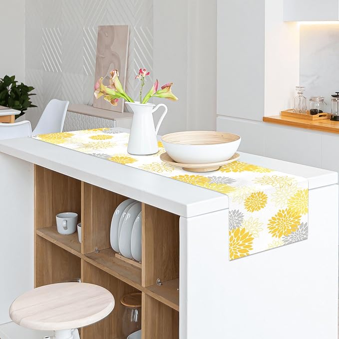 Dahlia Flower Table Runner 13x90 Inch Farmhouse Yellow Gray Runners Modern - Image 4