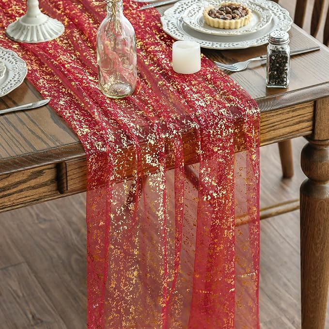 Artoid Mode 6PCS Red Gold Gauze Table Runner 120 Inch 10FT, Glitter Metallic by ArtoidMode