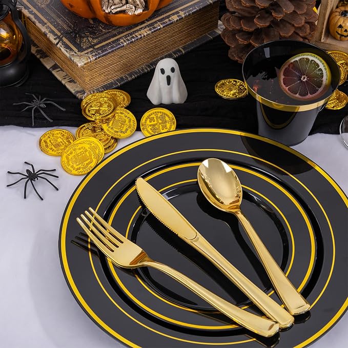 WELLIFE 600 PCS Black Gold Disposable Dinnerware Set - Image 8
