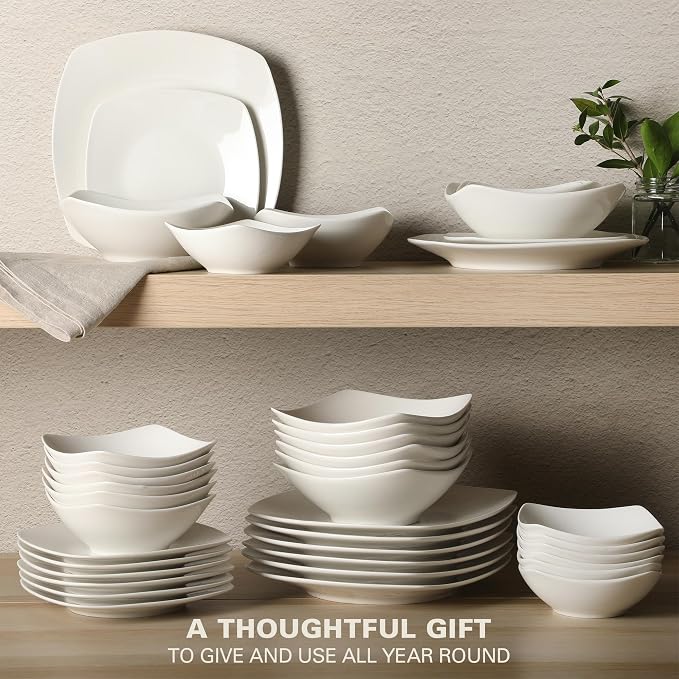 Gibson Home Brentwood 40-Piece Dinnerware Set – Square White Porcelain Plates - Image 4