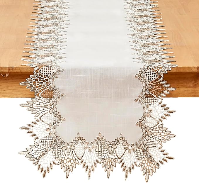 White Lace Table Runner 120” Table Runners | Neutral Earth Tones Lace edge by Raedan