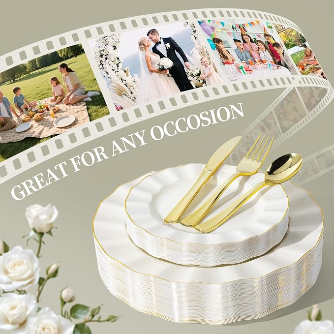 250PCS Ivory Plastic Plates Set, Wavy Plates - Image 7