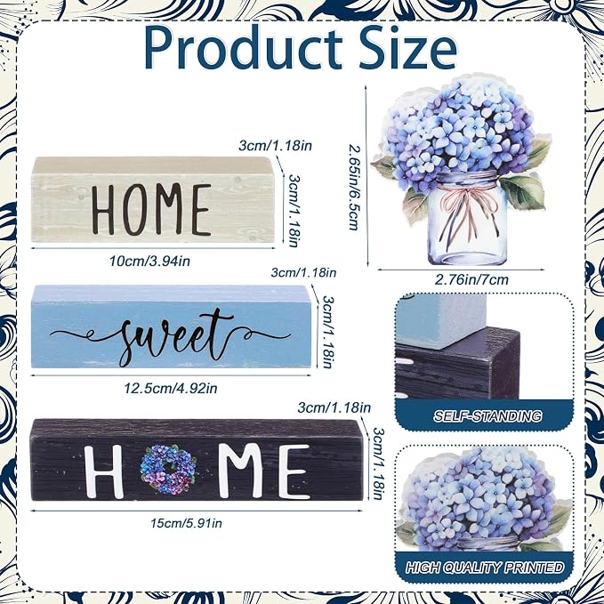 Cinnvoice 4 Pcs Farmhouse Wooden Tabletop Decor Blue Hydrangea Spring Rustic - Image 3