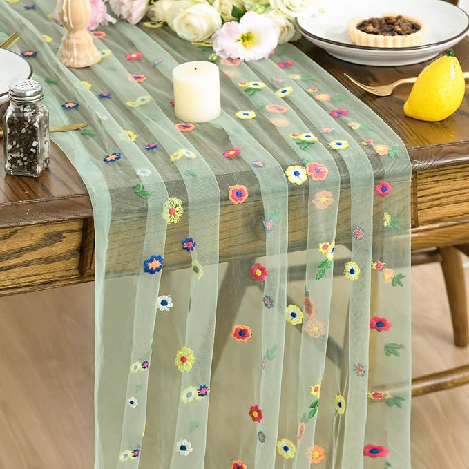 Artoid Mode 3PCS Sage Green Embroidery Daisy Gauze Table Runner 120 Inch | by ArtoidMode