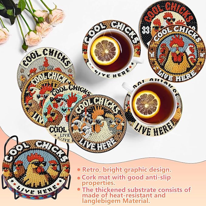 8 PCS Chicken Diamond Art Coasters Kits Diamond Painting Coaster | Diamond - Image 5