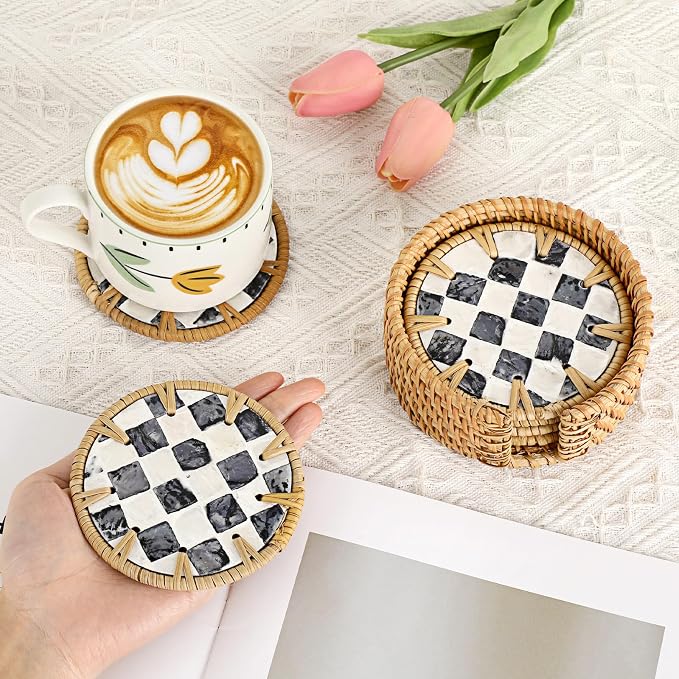Boho Coastal Coasters Set of 6, Handwoven Rattan Coasters - Image 3