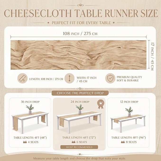 12 Pack Beige Cheesecloth Table Runner 17x108 Inch Boho Rustic Semi Sheer Gauze - Image 3