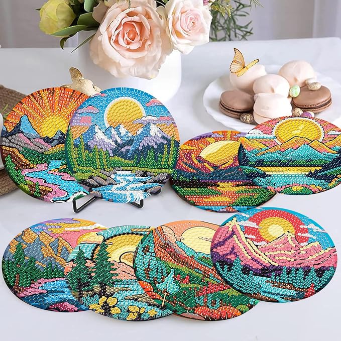 Ekuxom 8 PCS Sunset Diamond Art Coasters Kits- Landscape Diamond Painting - Image 4