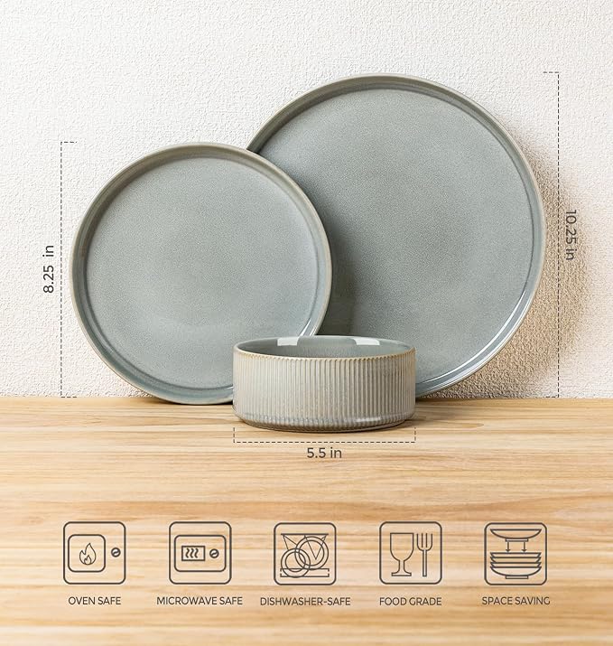 Ceramic Dinnerware Set for 4, 12-Piece Plates and Bowls Set | Lightweight - Image 7