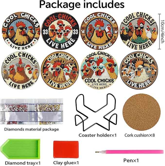 8 PCS Chicken Diamond Art Coasters Kits Diamond Painting Coaster | Diamond - Image 2
