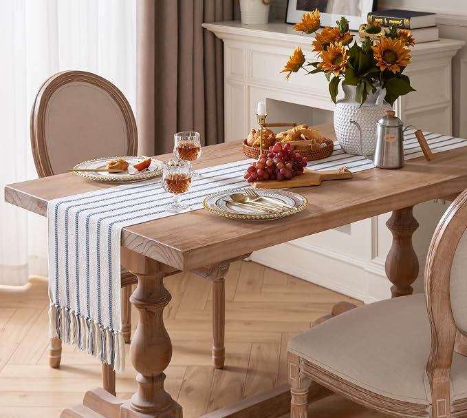 Caflife Boho Table Runner 90 Inchs Long Blue and Beige, Cotton and Linen Woven - Image 7