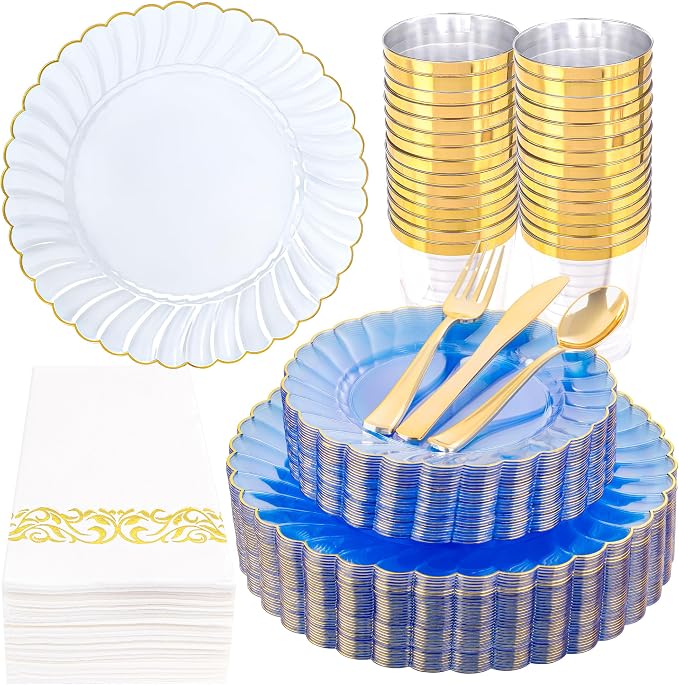 YOUBET 175PCS Clear Blue Scalloped Plastic Plates by YOUBET