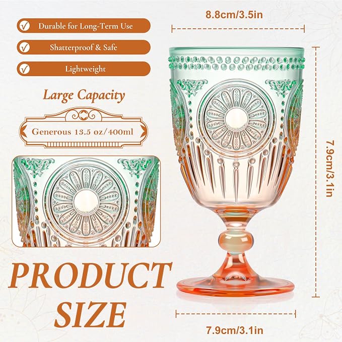 XUWAIDSGN 24Pcs Plastic Vintage Wine Glasses 13.5oz Reusable Embossed Goblet - Image 3