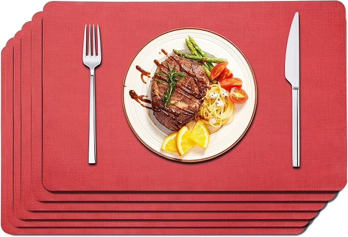 Maxpearl Faux Leather Placemats Set of 6, Light Red | Waterproof by Maxpearl